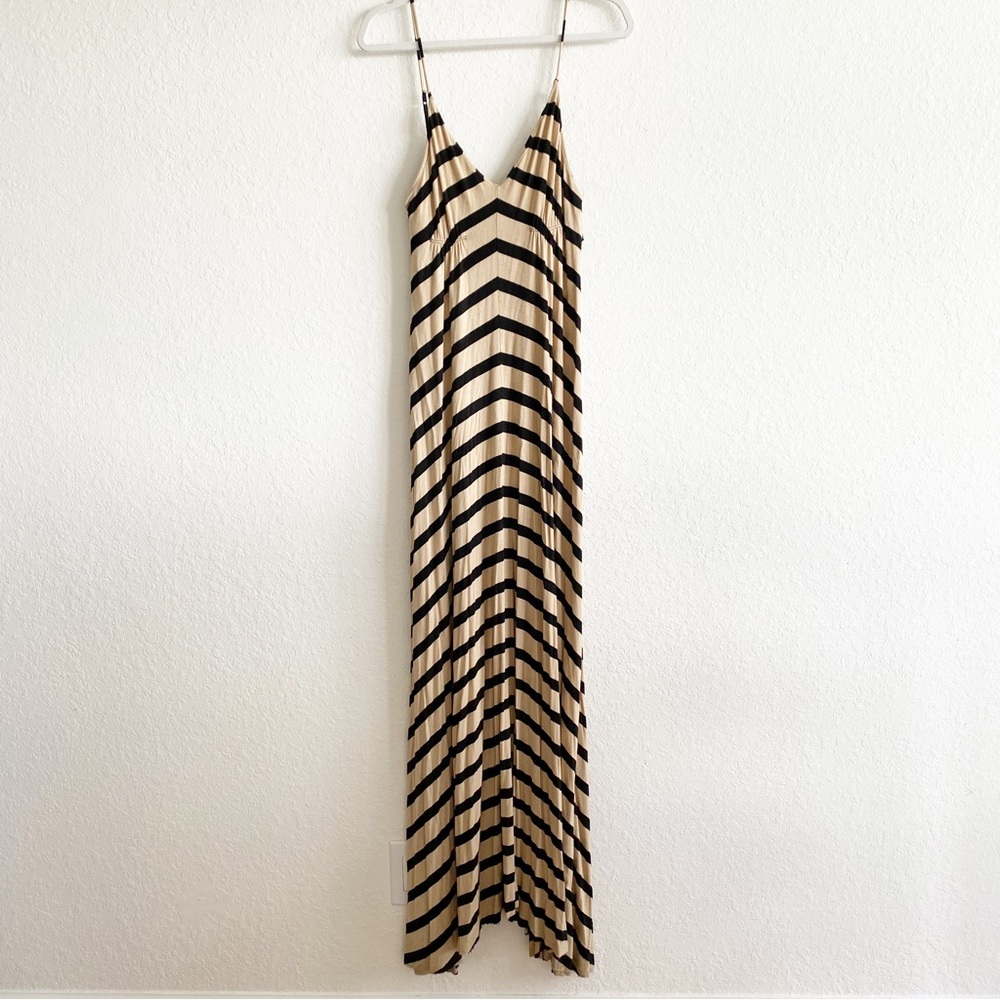 SAKS FIFTH AVE 5/48 Beige Tan Black Stripe V Neck Maxi Dress